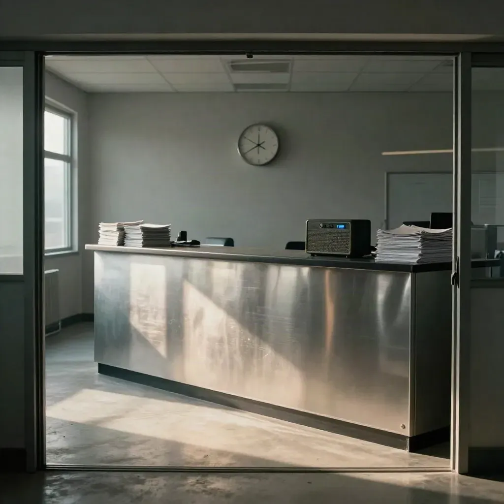 Hall de rédaction silencieux, radio compacte, horloge murale et lumières du soir qui s’allument.