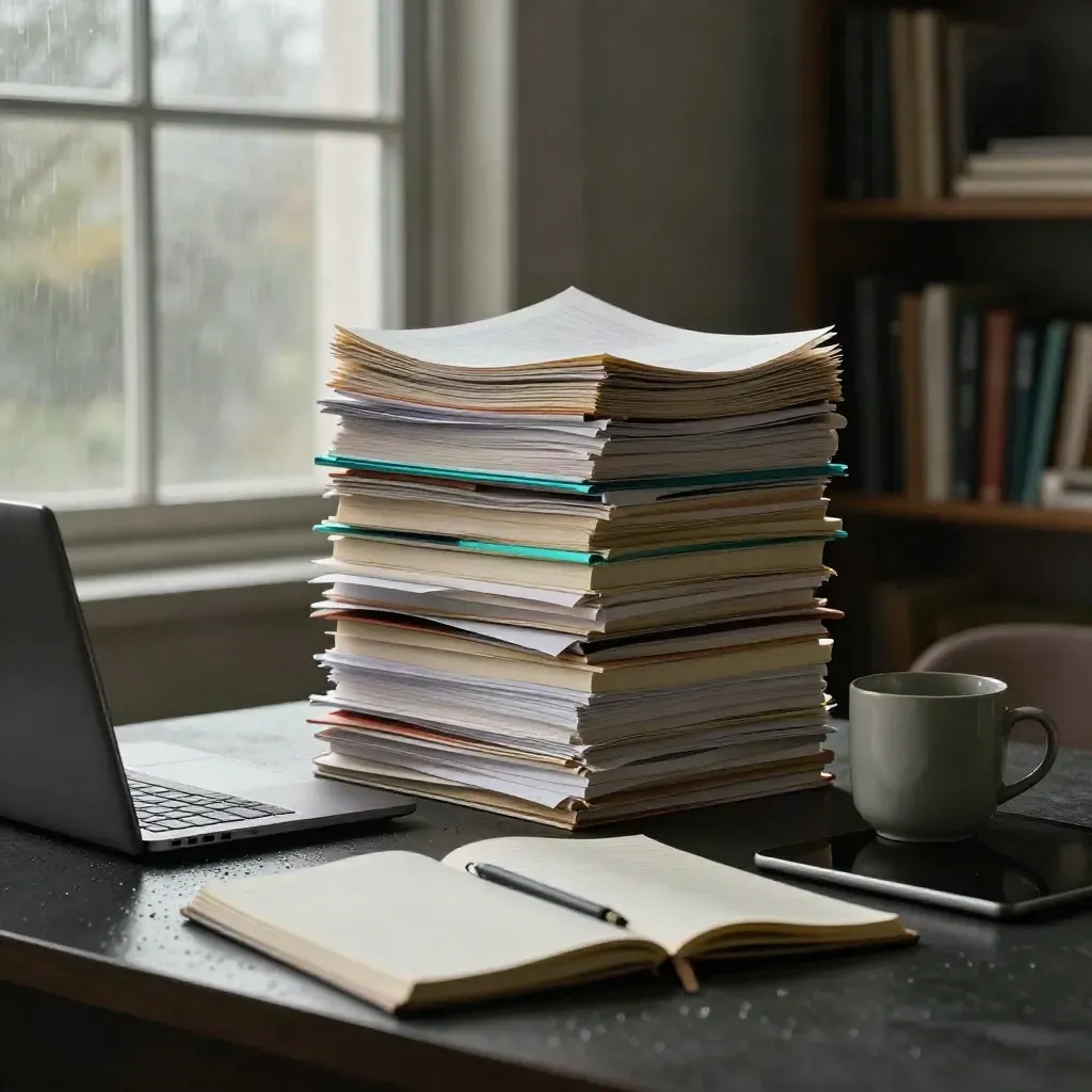 Pile d’épreuves de blog, ordinateur entrouvert, tablette éteinte et tasse mate sous la pluie