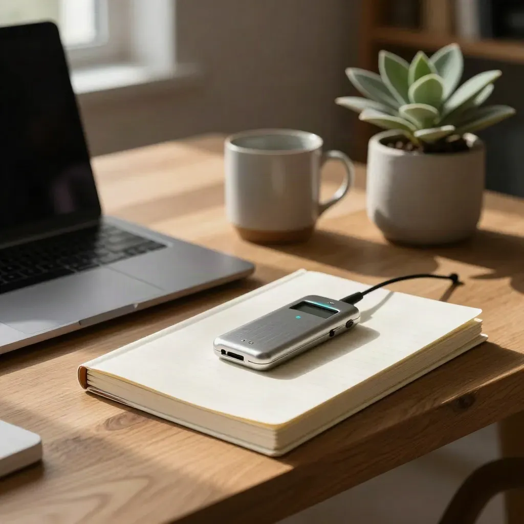 Bureau éditorial chaleureux avec ordinateur fermé, carnet, dictaphone, plante et pile de brouillons.