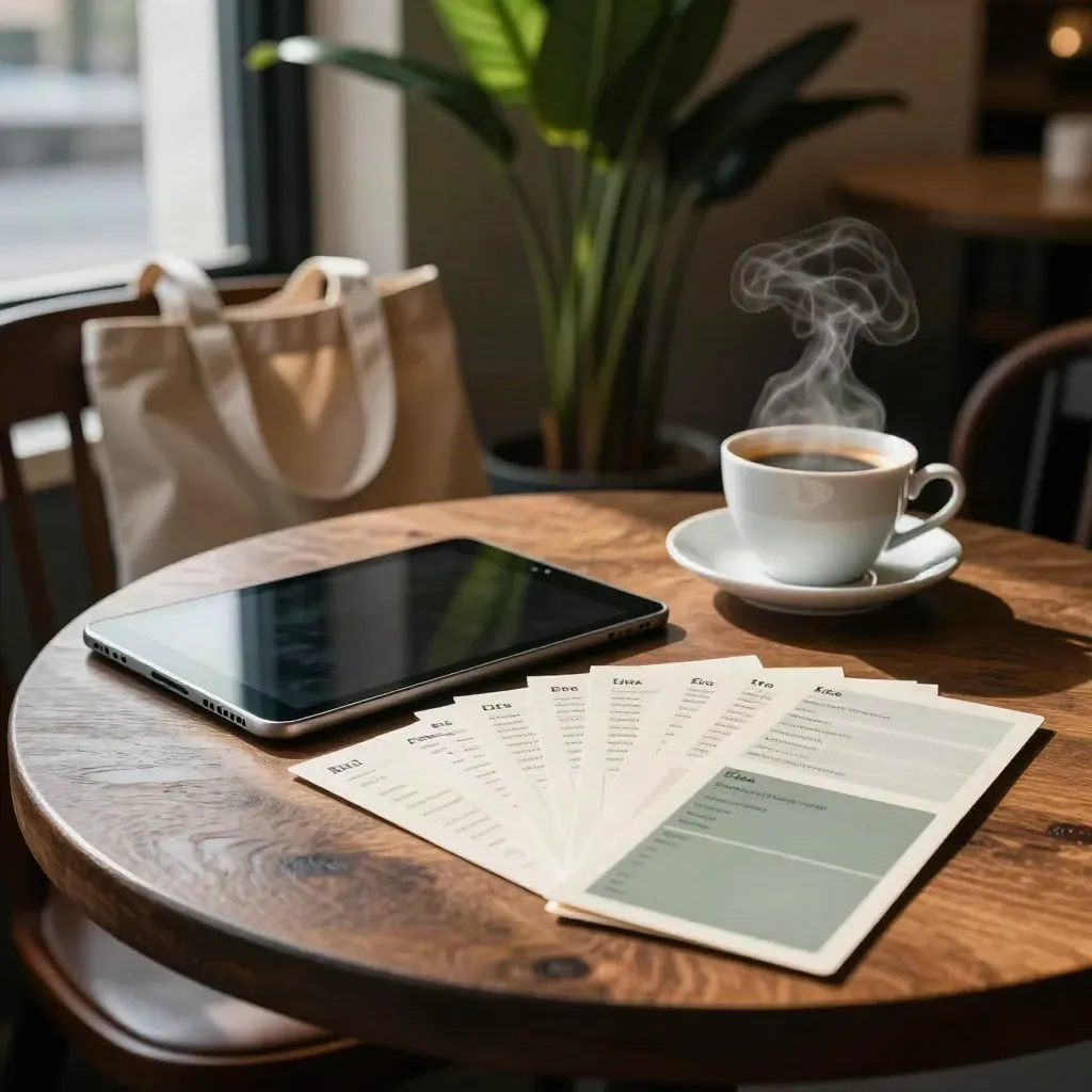 Coin de café calme avec tablette noire, cartes de sujets, sac en toile, plante et vapeur de café.