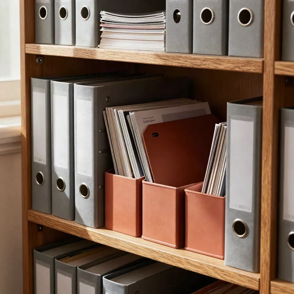Rayonnage d’archives éditoriales avec classeurs gris et magazines rangés en lumière chaude.