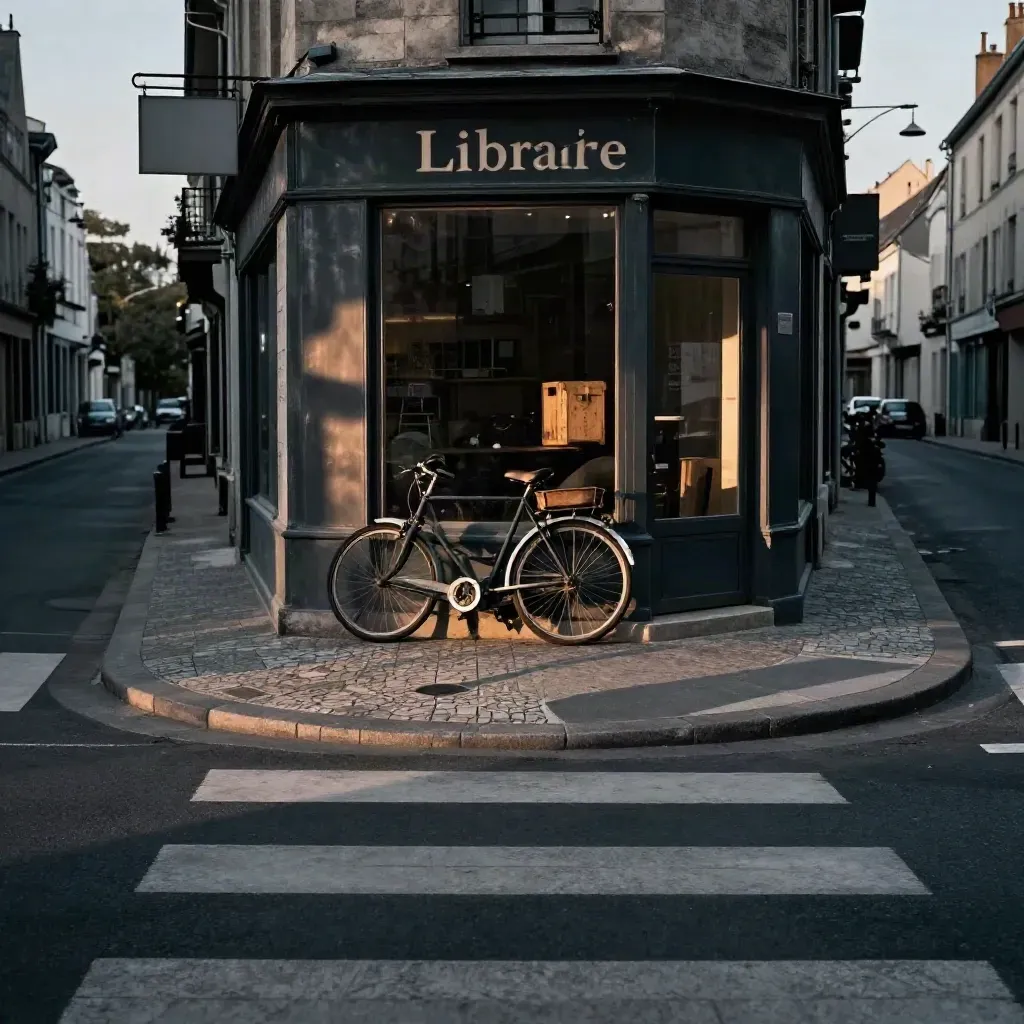Librairie fermée au crépuscule, vélo au mur et caisse de livraison sur un passage piéton.