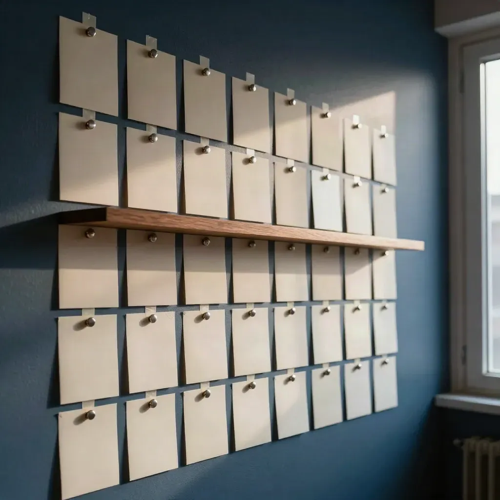 Mur de planification éditoriale en grille nette, cartes crème, aimants discrets et étagère en bois.