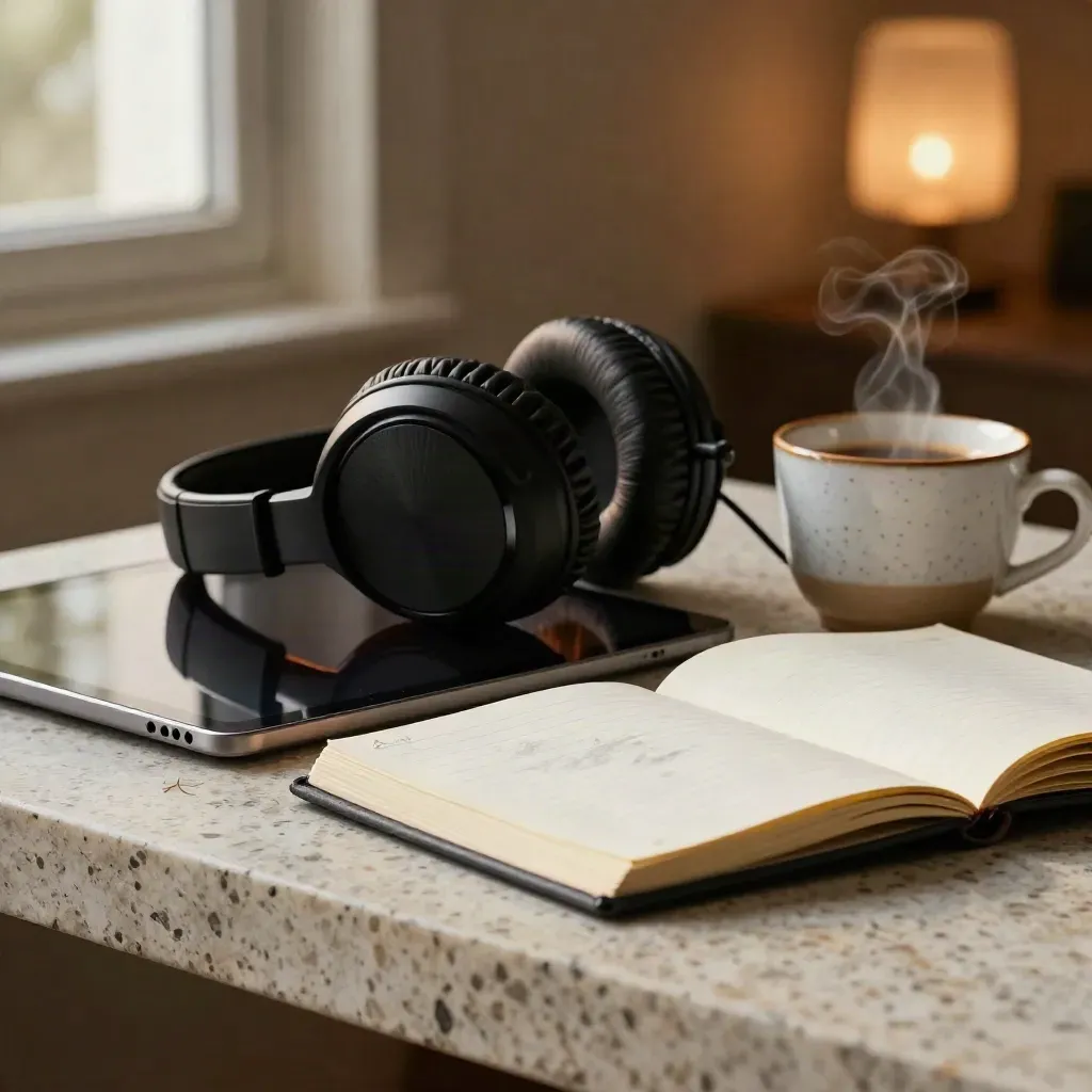 Casque audio, tablette, carnet ouvert et tasse fumante sur une ledge en travertin.