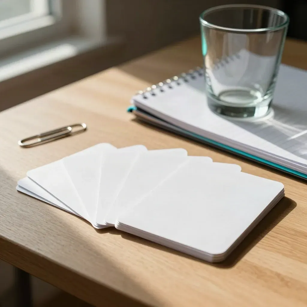 Cartes de mots-clés, carnet à spirale et verre teinté sur table en bois, lumière douce.