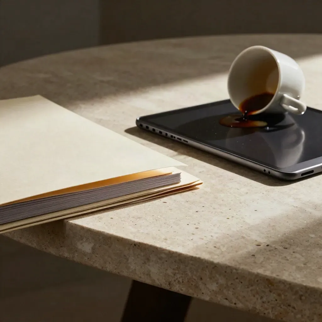 Vue macro d’une table éditoriale sombre avec dossiers fermés, tablette et tasse renversée.