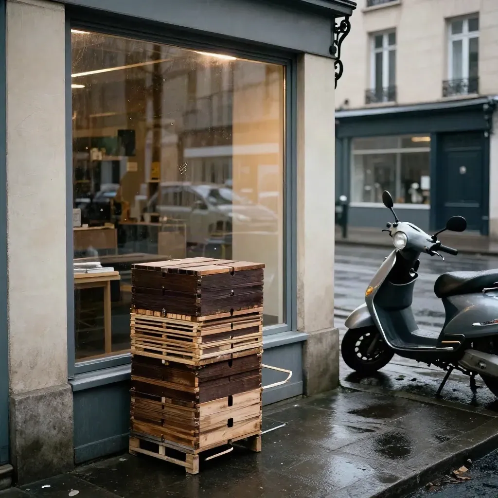 Vitrine de commerce de proximité, scooter, caisses empilées et rue mouillée sous la pluie.