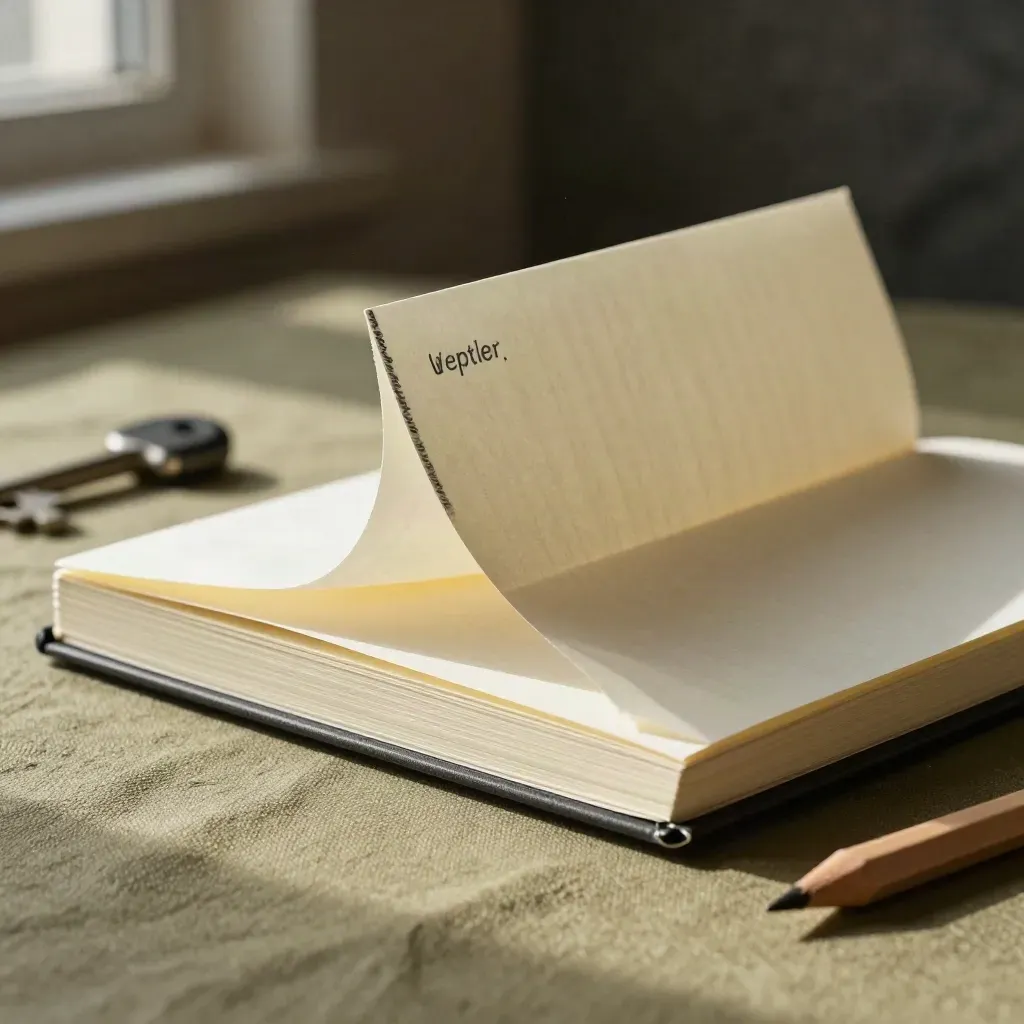 Gros plan d’un carnet de titres, feuilles pliées, crayon et gomme noire sur fond sombre.