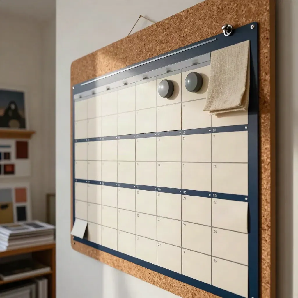 Panneau éditorial avec cartes de planning vierges, magnets navy et ruban mat dans un studio