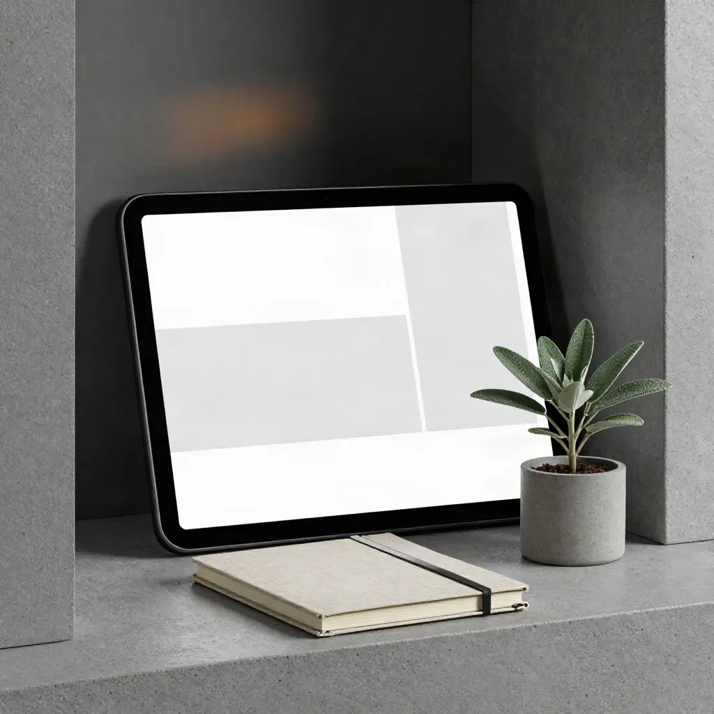 Écran noir avec maquette de pages d’accueil, carnet fermé et petite plante dans une lueur dramatique.