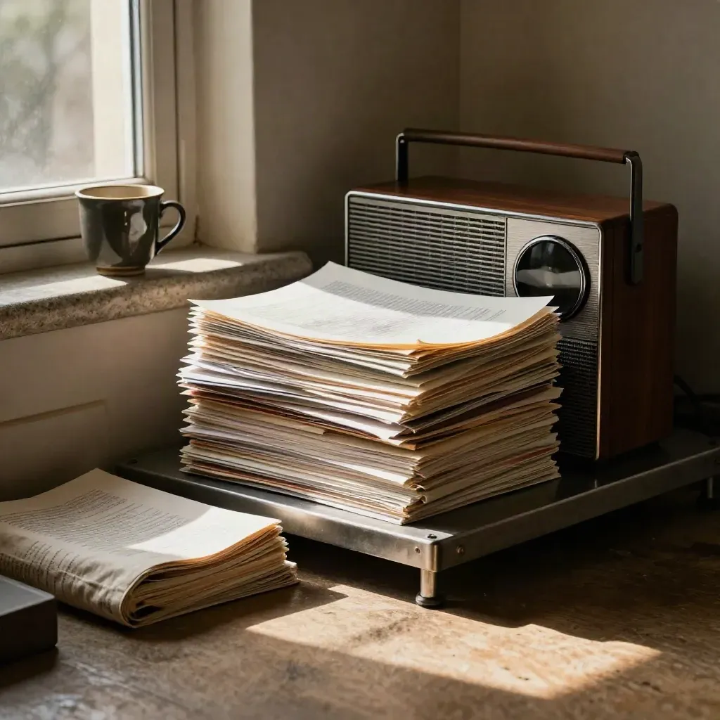 Coin éditorial chaleureux avec brèves imprimées, radio, tasse sombre et terminal éteint.