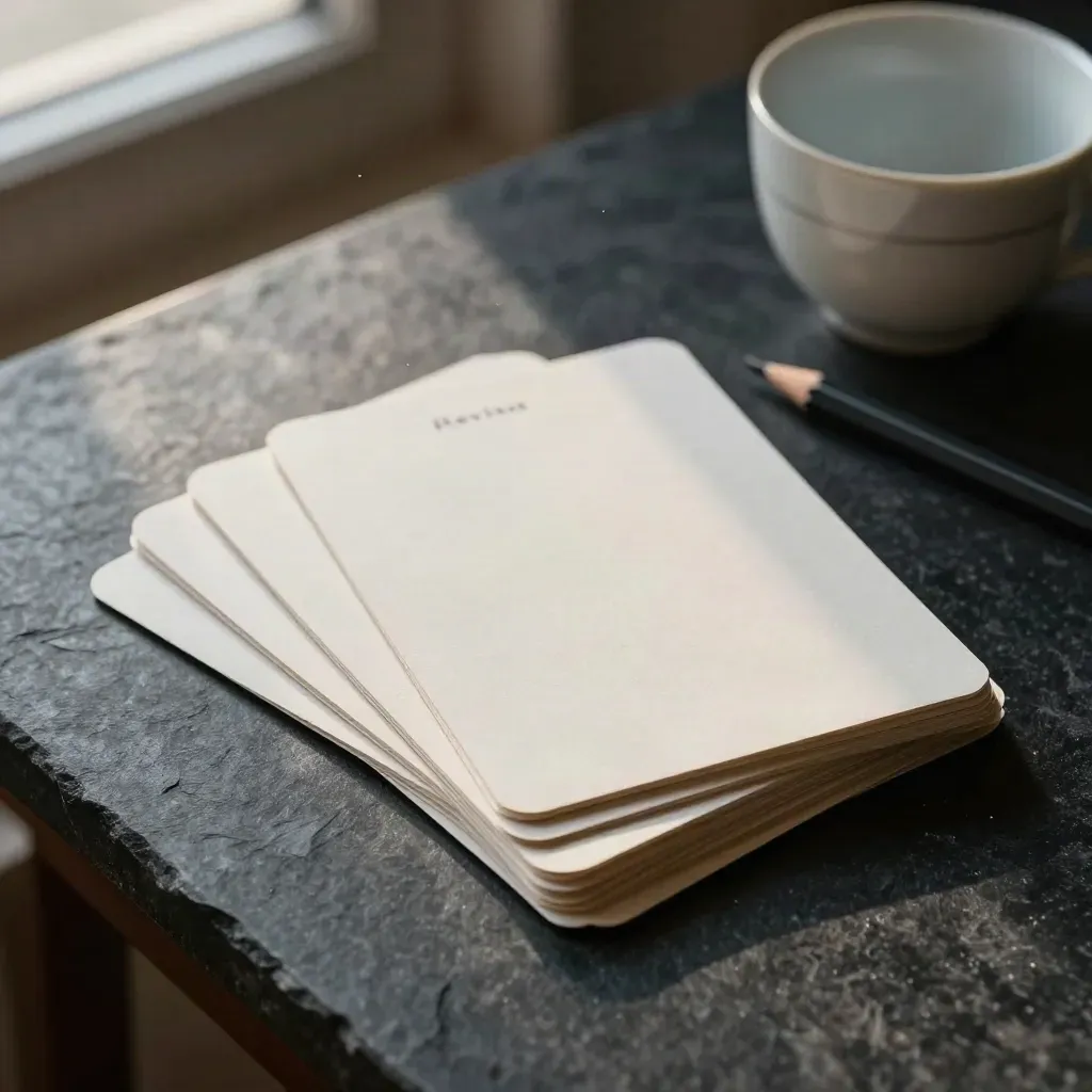 Vue zénithale d’une table de relecture avec cartes retournées, crayon et tasse refroidie.