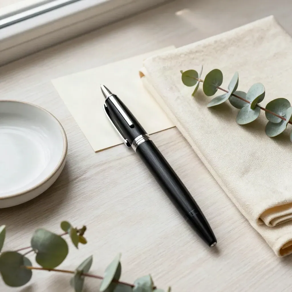 Stylo plume noir, carnet en toile, eucalyptus et coupelle en céramique sur bois pâle.