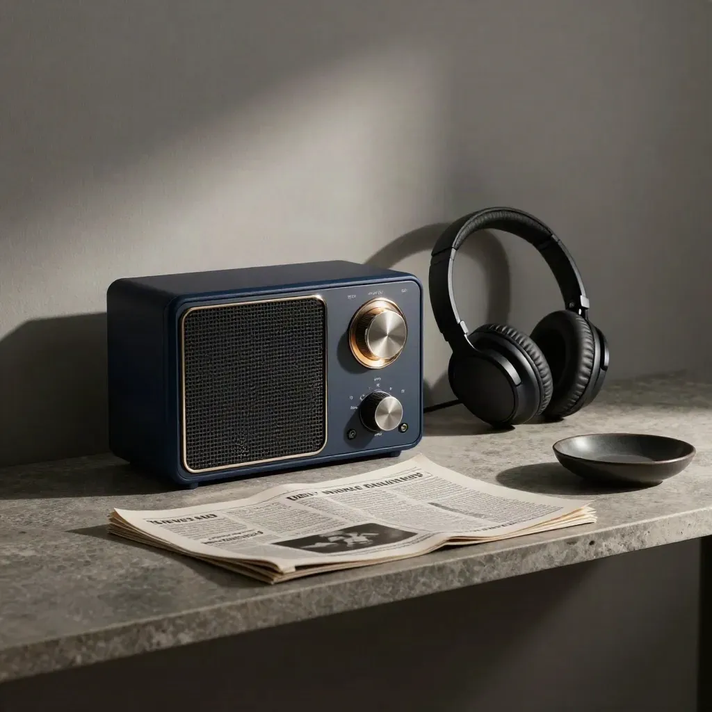 Radio de bureau, casque, feuillet plié et coupelle sombre sur étagère en pierre.