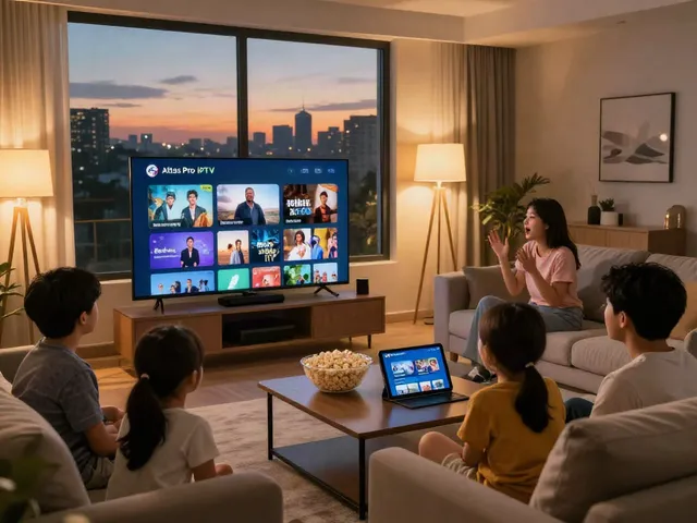 Profitez de l'application Atlas Pro IPTV dans un salon chaleureux avec votre famille.