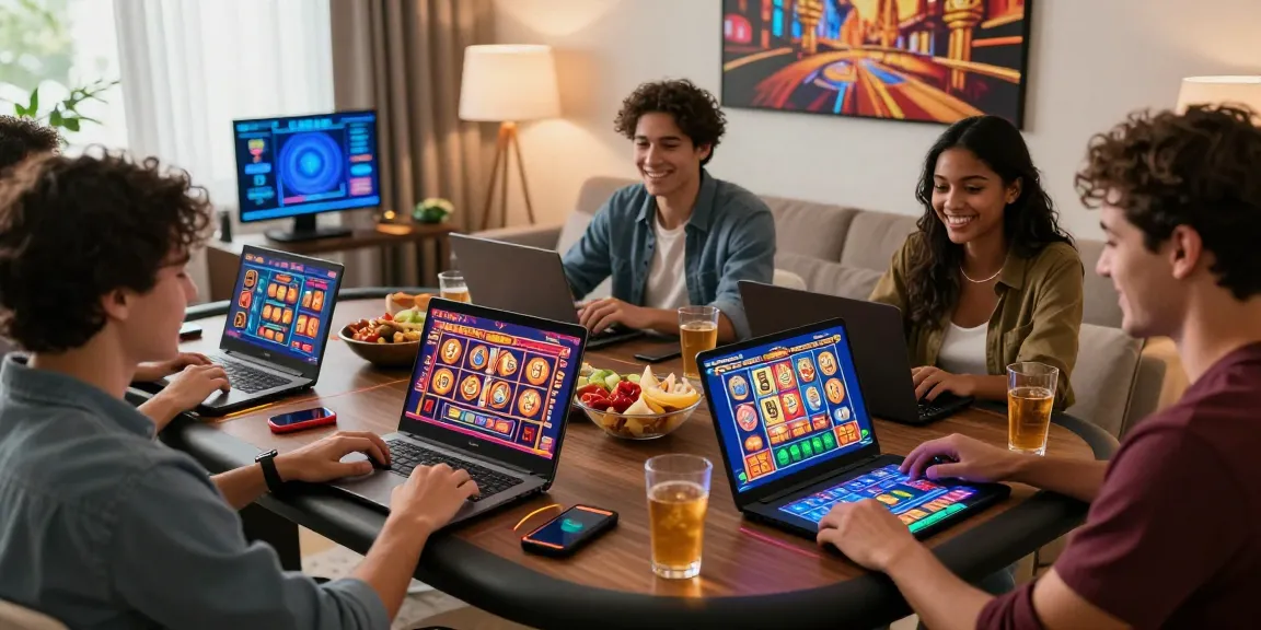 Les amis jouent sur https://studiobarw.com/ à des machines à sous et des jeux de casino en direct, profitant d'une expérience de jeu en ligne festive.