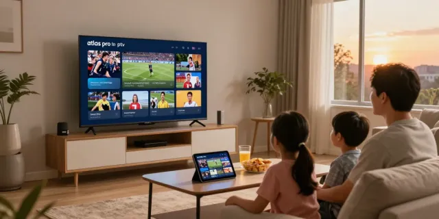 Famille profitant de l'application atlas pro iptv dans un salon moderne et chaleureux.