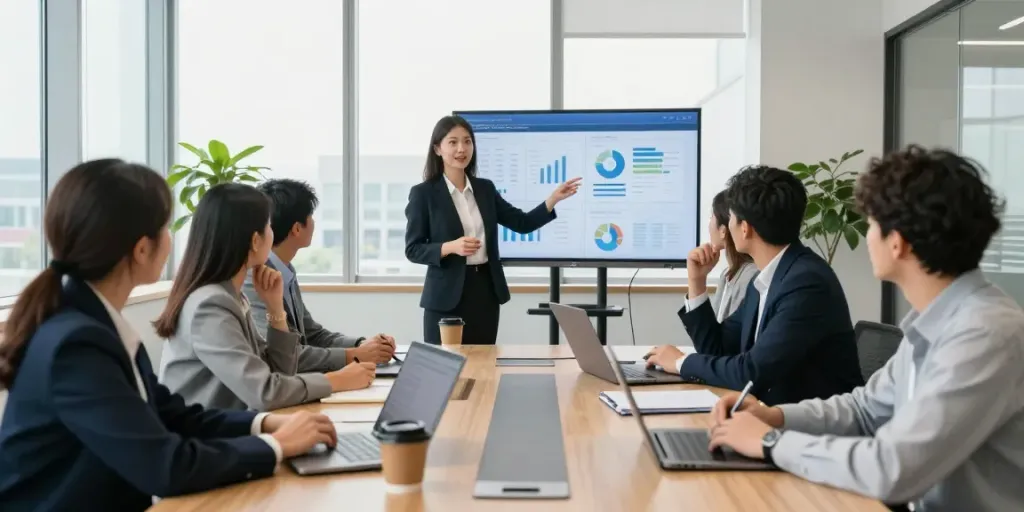 Réunion d'affaires avec des professionnels engagés, présentant le programme Atlas pro dans un environnement de bureau moderne.